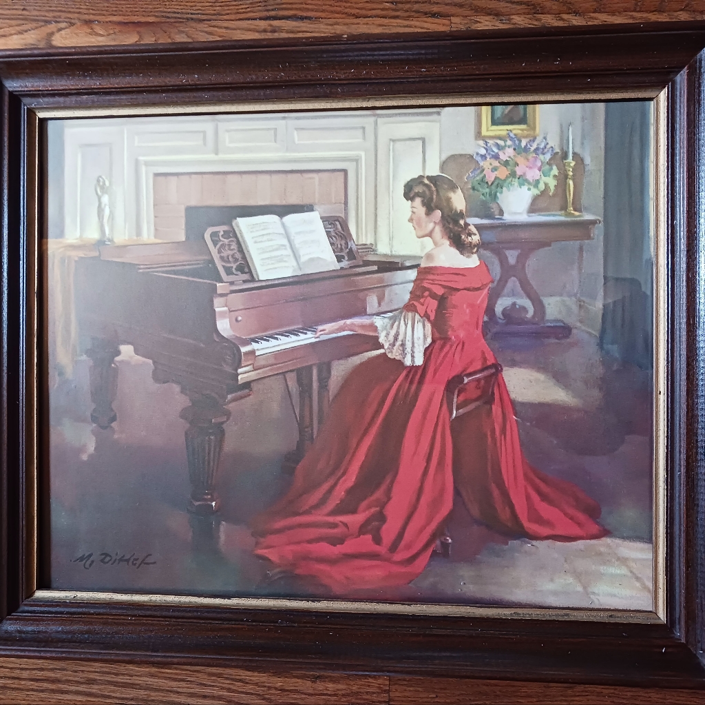 Antique Art Lithograph Sonata By Artist M. Ditlef Red Dress Lady Piano 1963